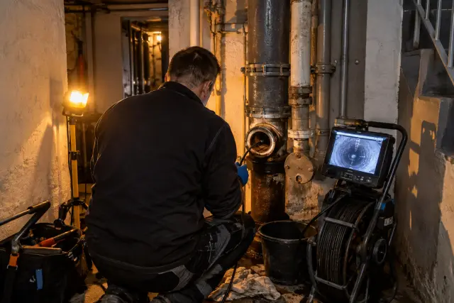 Techniker untersucht eine zugängliche Revisionsöffnung am Fuß einer senkrechten Abwasserleitung im Keller